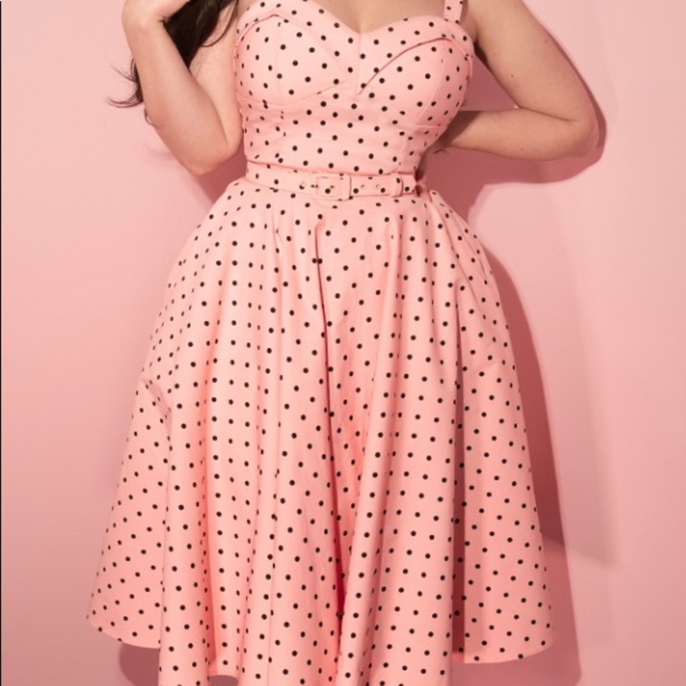 SOLD Vixen by Micheline Pitt Pink Polka Dot Maneater Swing Dress